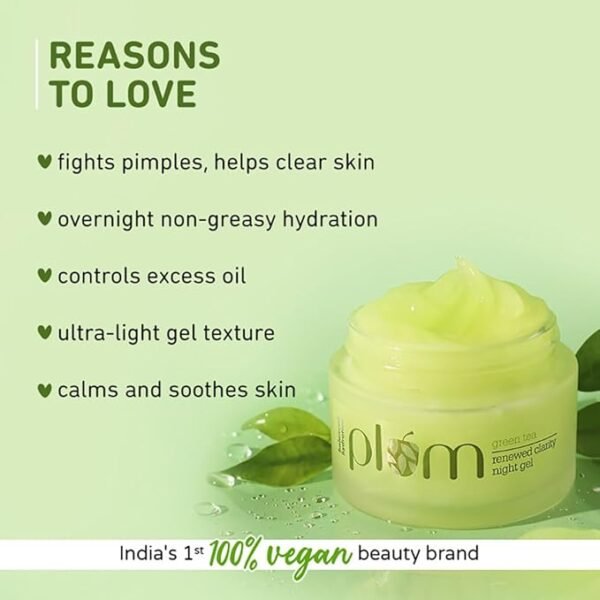 Plum Green Tea Renewed Clarity Night Gel Mini | Hydrates Skin & Fights Acne | Lightweight, Quick-Absorbing, Non-Sticky Gel Texture | Oily, Acne-Prone Skin | 100% Vegan - Image 3